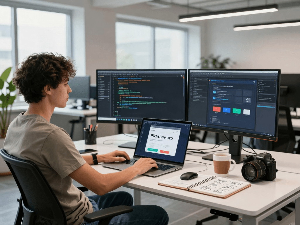 Pikashow apk interface displayed on laptop in a modern tech workspace with multiple monitors and bright lighting.