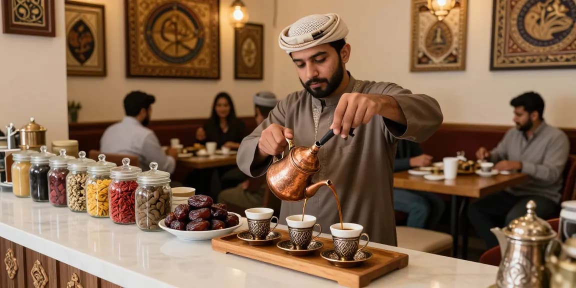 قهوجي الرياض يقدم القهوة العربية في مقهى تقليدي بجو دافئ