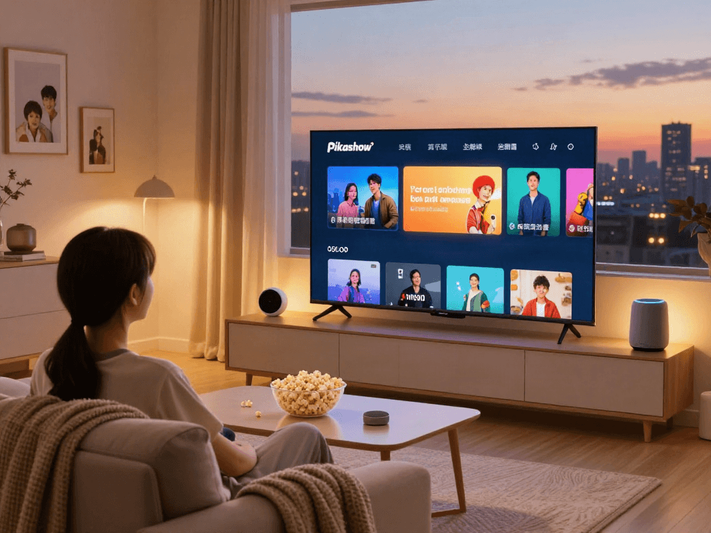 Pikashow app displayed on a stylish TV in a cozy living room with popcorn and LED lights.
