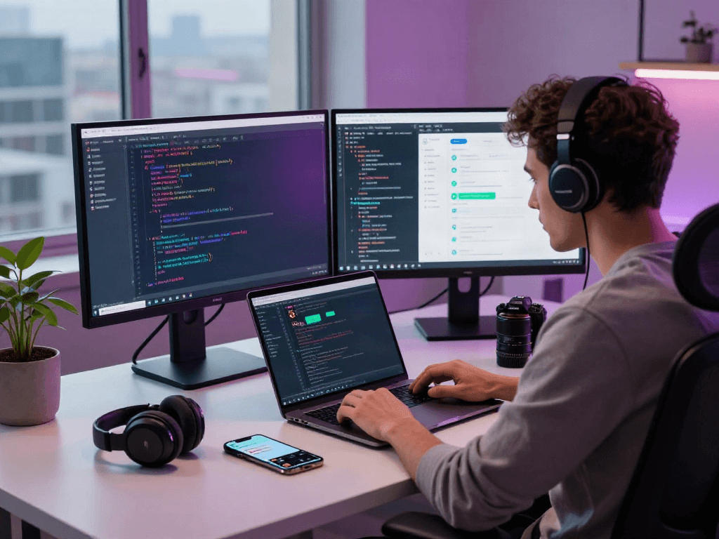Developer coding on gb WhatsApp interface at a modern workspace