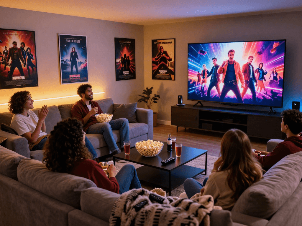 Exciting Moviebox gathering scene with friends enjoying a cozy movie night
