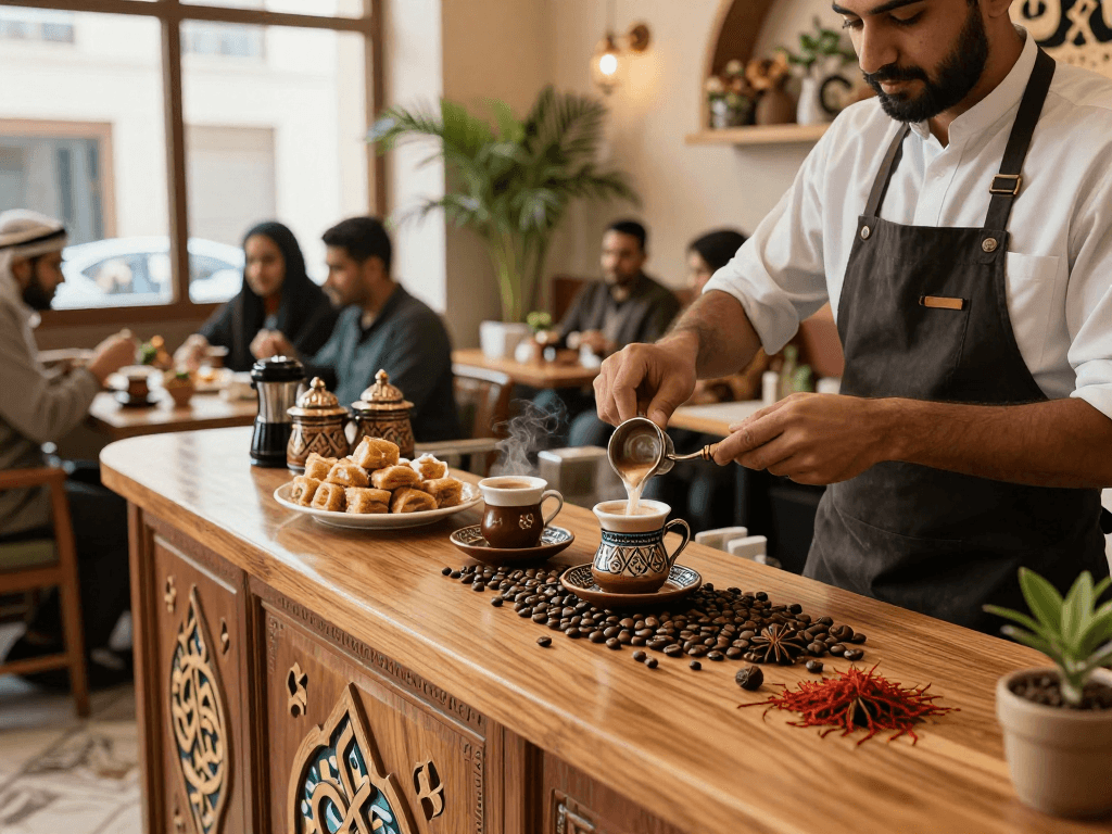 قهوجي الرياض يعد القهوة العربية التقليدية مع أجواء مقهى دافئة