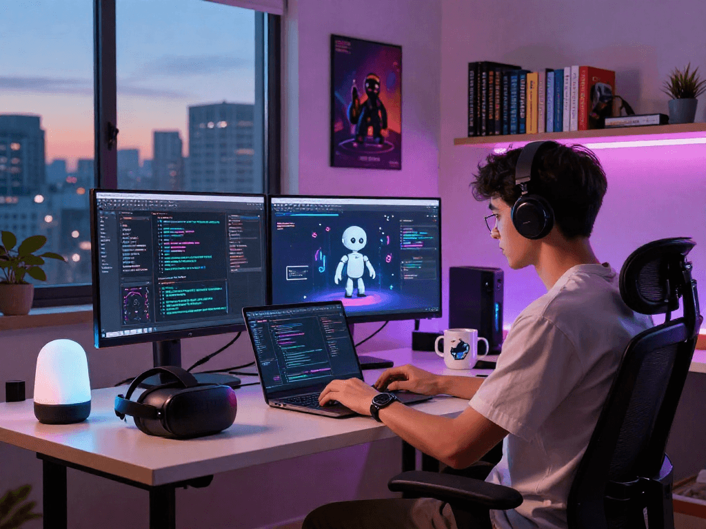 Innovative developer programming a sex bot application in a futuristic home office.