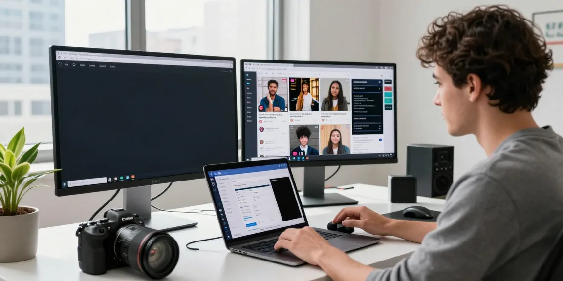 Person using insanony to anonymously view Instagram stories in a modern workspace.