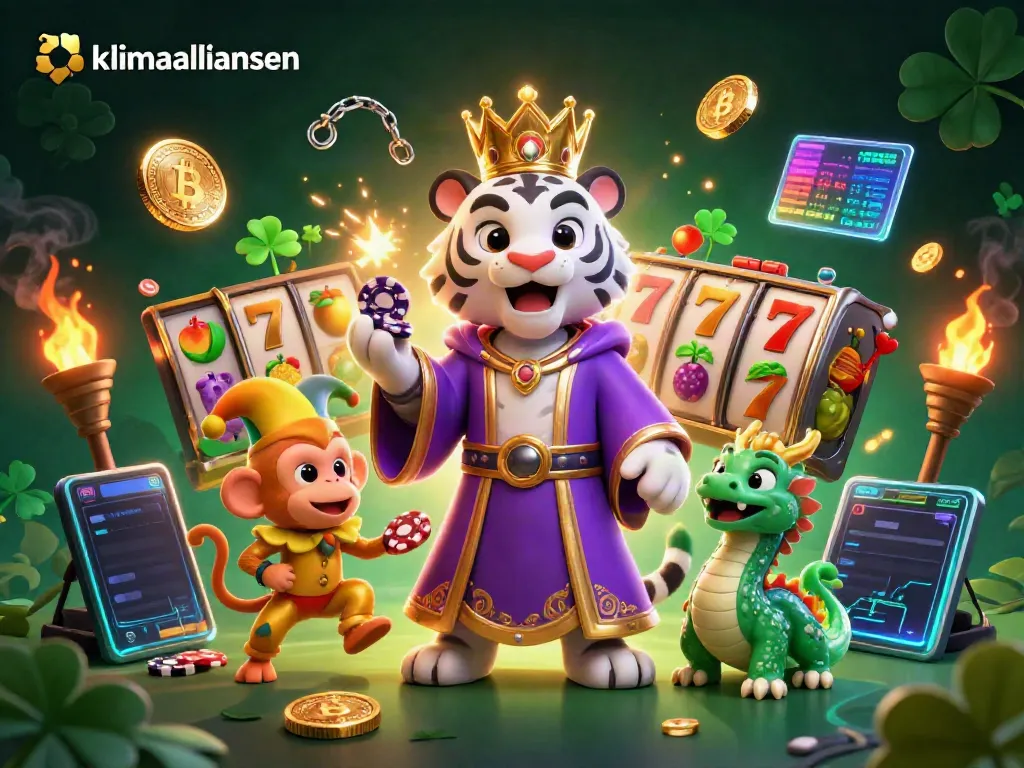 Experience the vibrant energy of klimaalliansen with a glowing illustration of a charming white tiger, monkey, and jade dragon in a lively casino scene.