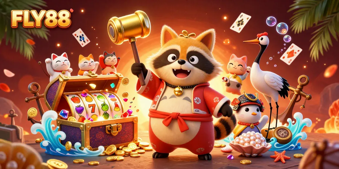 Win big with FLY88 in a vibrant 3D casino scene featuring lucky symbols and dynamic gaming elements.