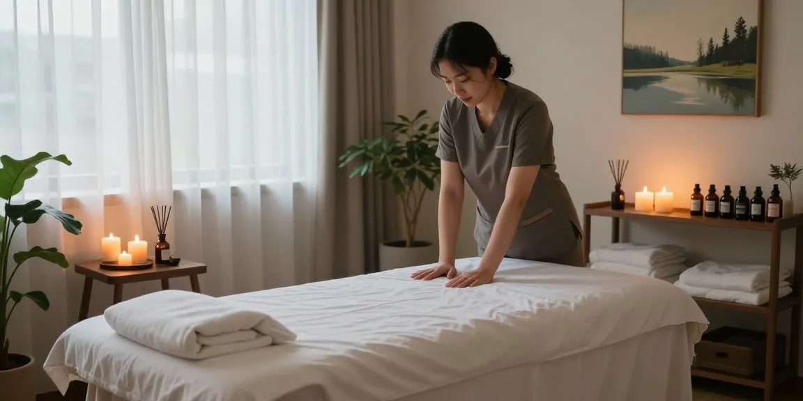 Experience serene 마포출장마사지 in a peaceful massage therapy room with candles and essential oils.