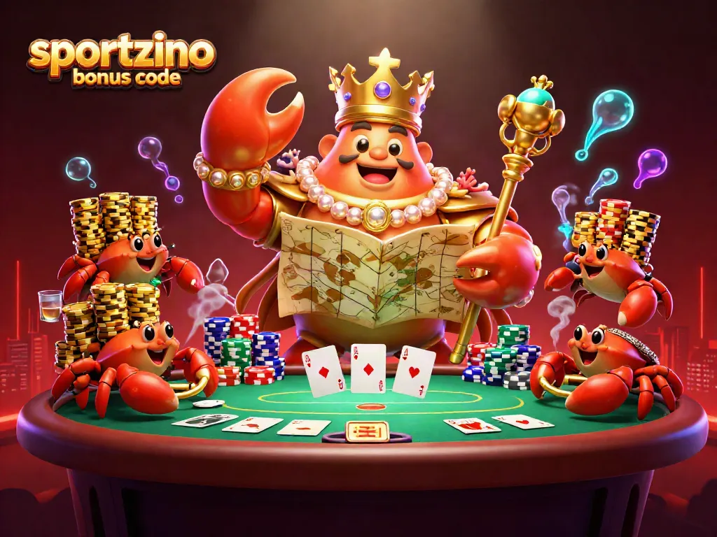 Playing games with the sportzino bonus code, featuring golden crab emperor and poker elements.