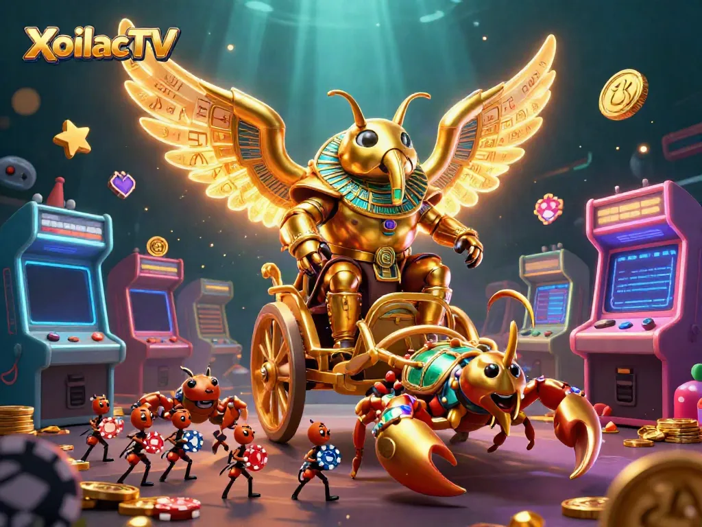 XoilacTV showcases a vibrant 3D illustration of a pharaoh beetle chariot amidst casino gaming elements.
