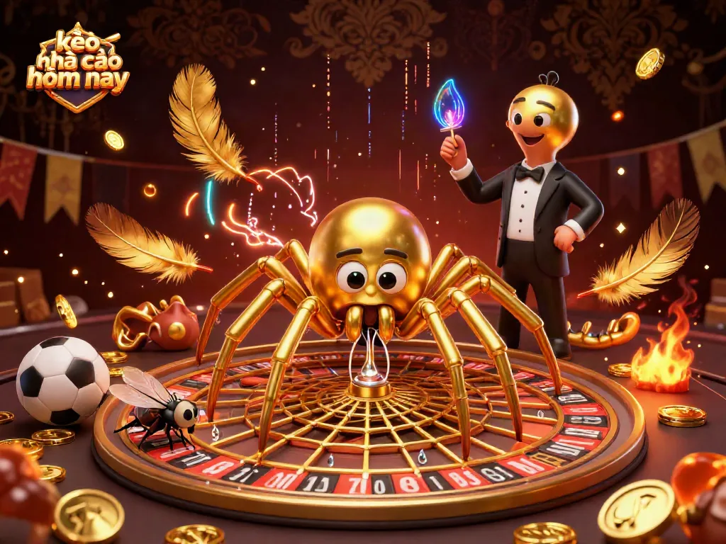 Bet on kèo nhà cái hôm nay with a dynamic scene of a golden spider, fly, and centipede forming a roulette wheel.