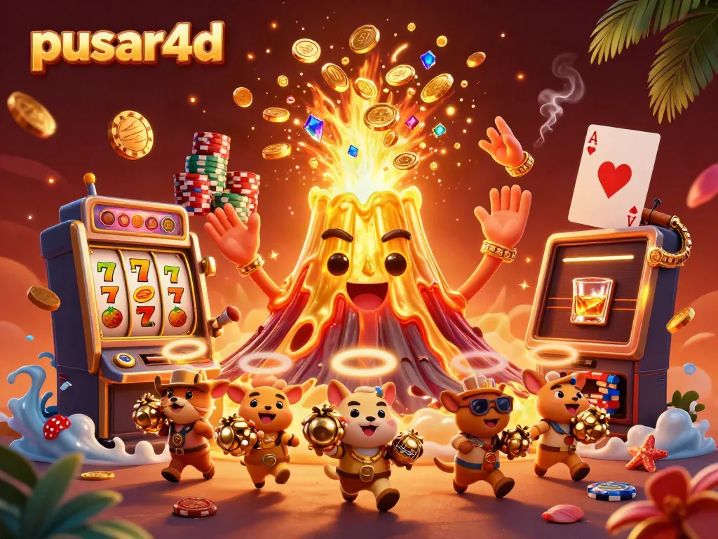 Experience the thrilling world of pusar4d with a golden volcano erupting treasure and slot symbols.