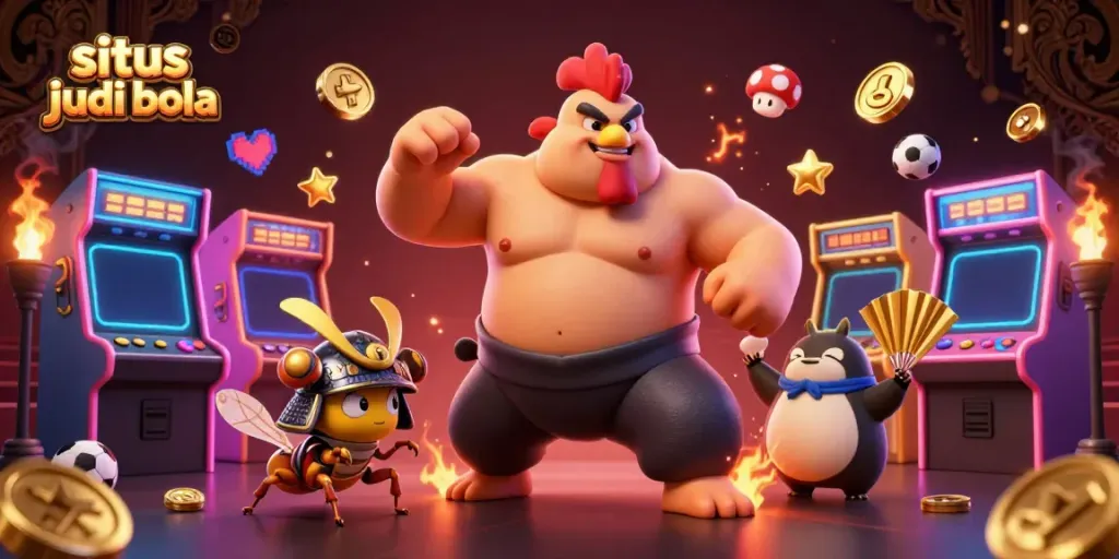 Engage in situs judi bola with a powerful sumo wrestler rooster and samurai cricket in a vibrant sports betting scene.