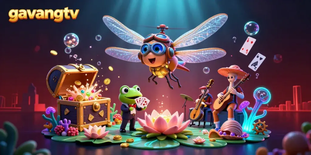 Engage in thrilling games at gavangtv, featuring animated dragonfly pilot and frog dealer in a magical casino.