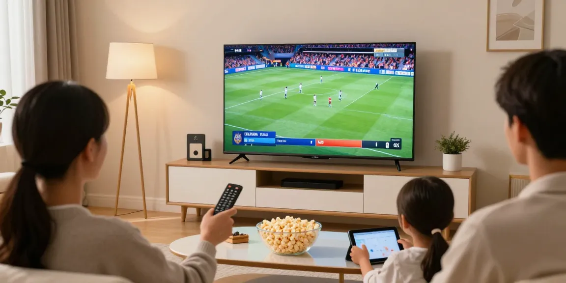 Gezinsleden genieten van hakuna iptv op een groot scherm met 4K-kwaliteit, popcorn en tablets in de moderne woonkamer.