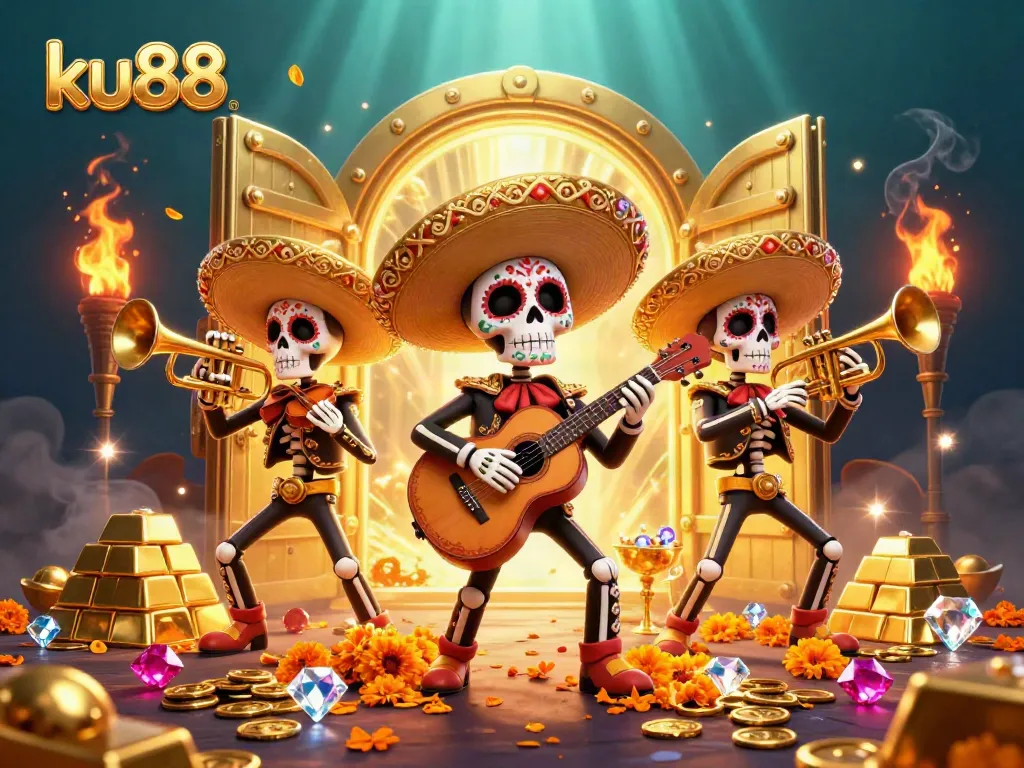 Win big at ku88 with a vibrant mariachi band amidst dazzling treasures in a festive casino scene.