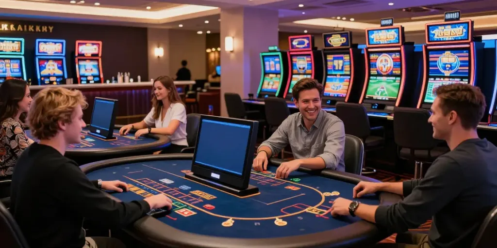 Dynamic scene of http://9betcasino.pro/ casino floor with active players enjoying table and slot games.