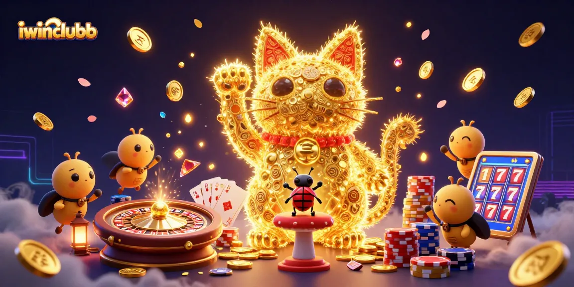 Win big at iwinclubb with a vibrant scene of a golden lucky cat and casino symbols.