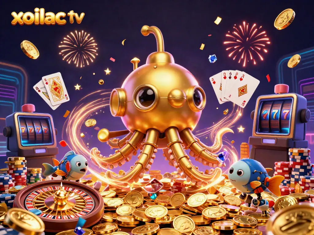 Experience thrilling gambling action with xoilac tv in a vibrant, dynamic 3D scene of golden coins and cards.