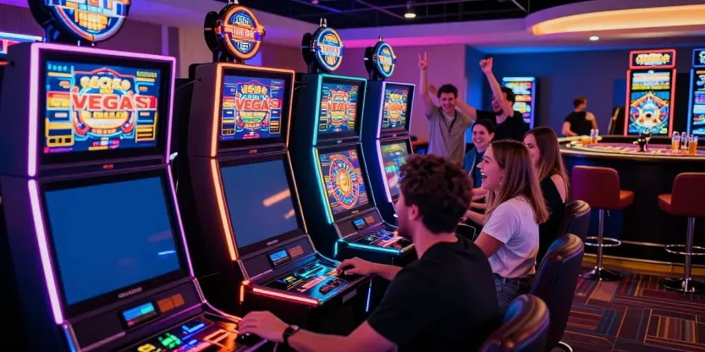 Friends enjoying Vegas88 slot games in a vibrant gaming lounge.