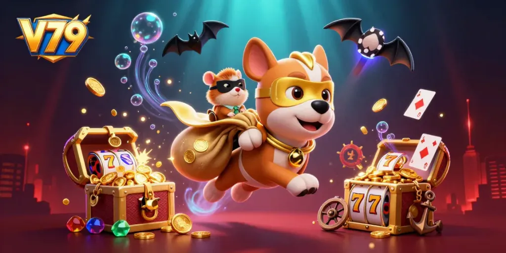 Hội viên tận hưởng game V79 với siêu anh hùng chó bay mang tiền vàng và hamster bên cạnh.