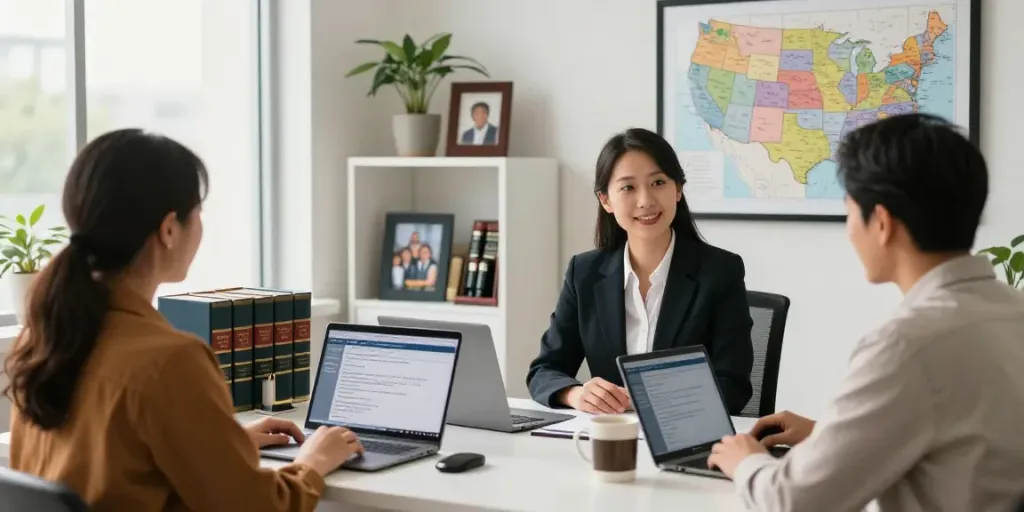 Find immigration lawyer consulting clients in a warm law office setting.