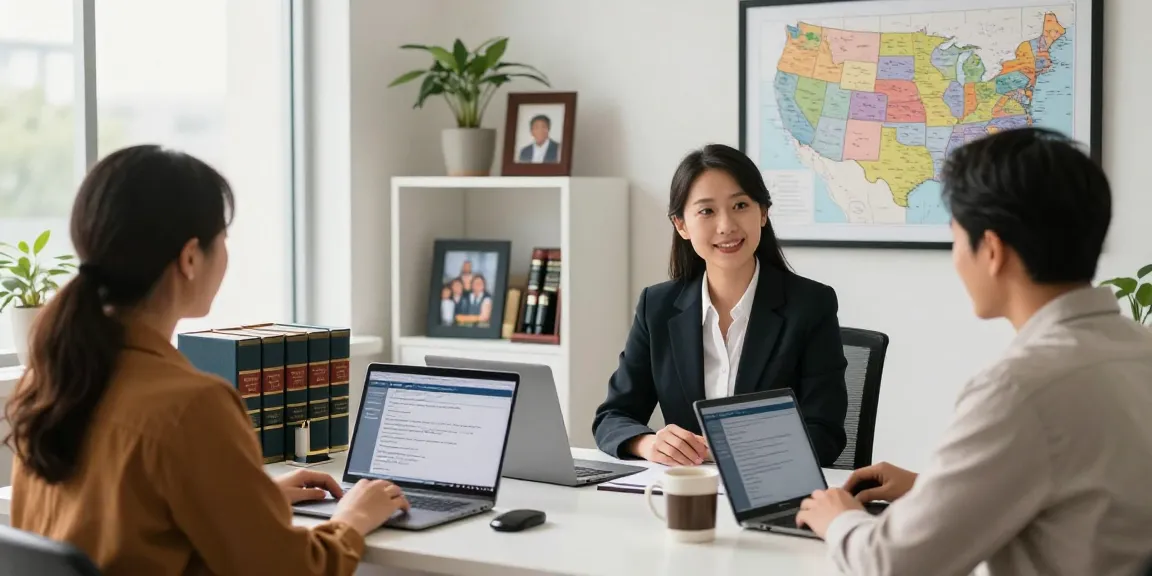 Find immigration lawyer consulting clients in a warm law office setting.