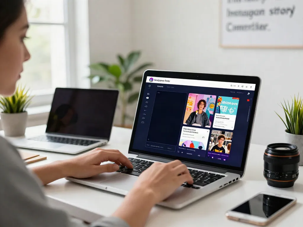 Using the insanony tool to view Instagram stories anonymously on a sleek laptop in a creative workspace.