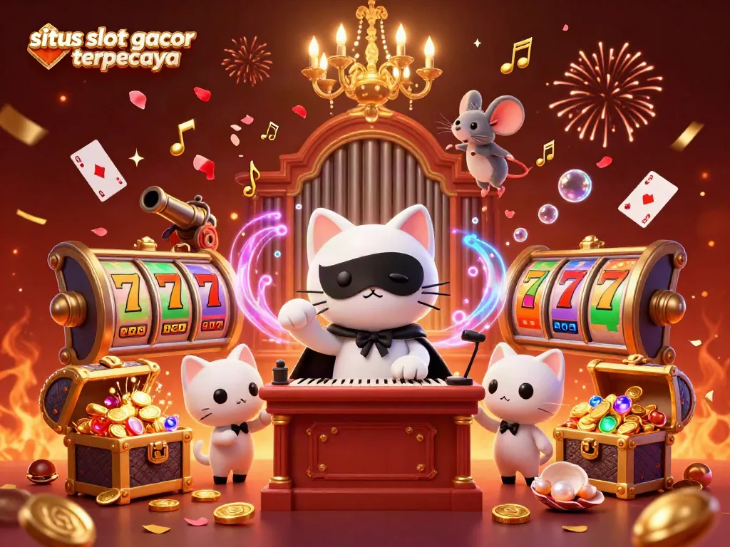 Join the excitement of situs slot gacor terpercaya with a vibrant casino-themed illustration featuring a whimsical cat and mouse duo.
