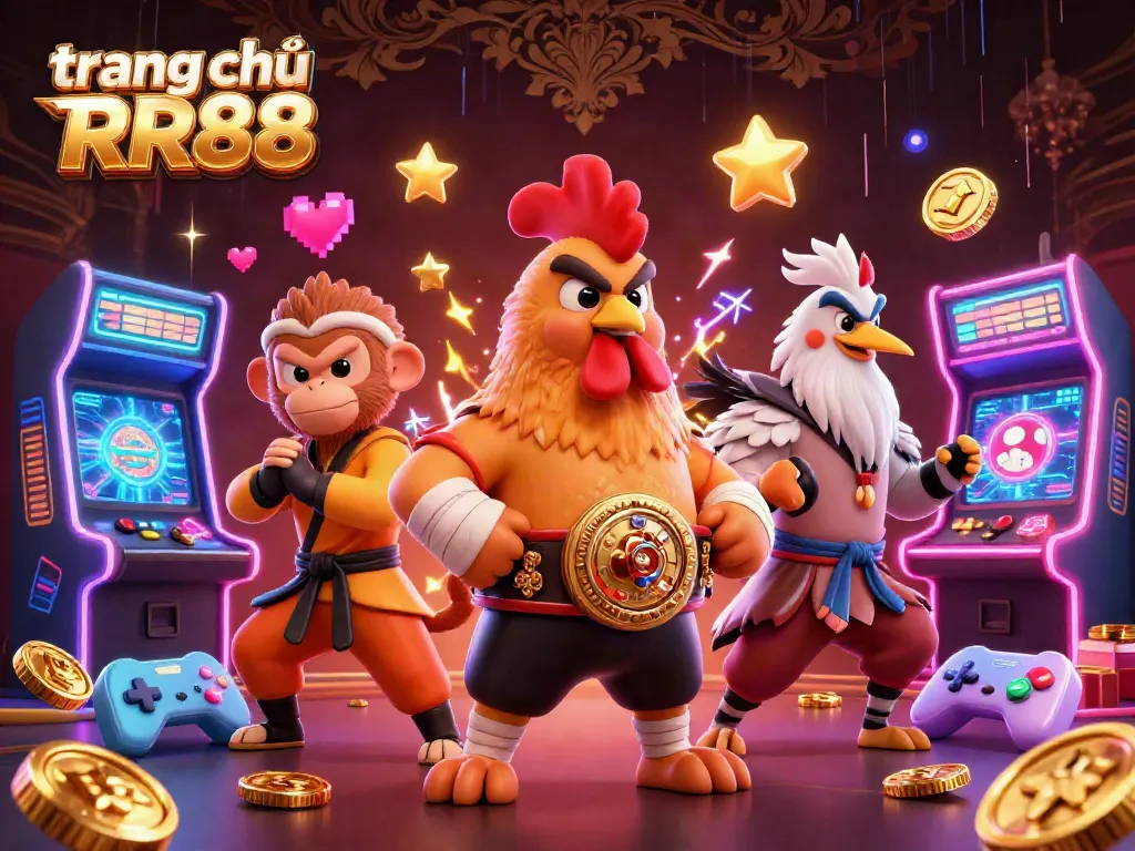 Engage with the vibrant scene at trang chủ RR88 featuring a Muay Thai rooster, a Shaolin monkey, and a wise crane master.