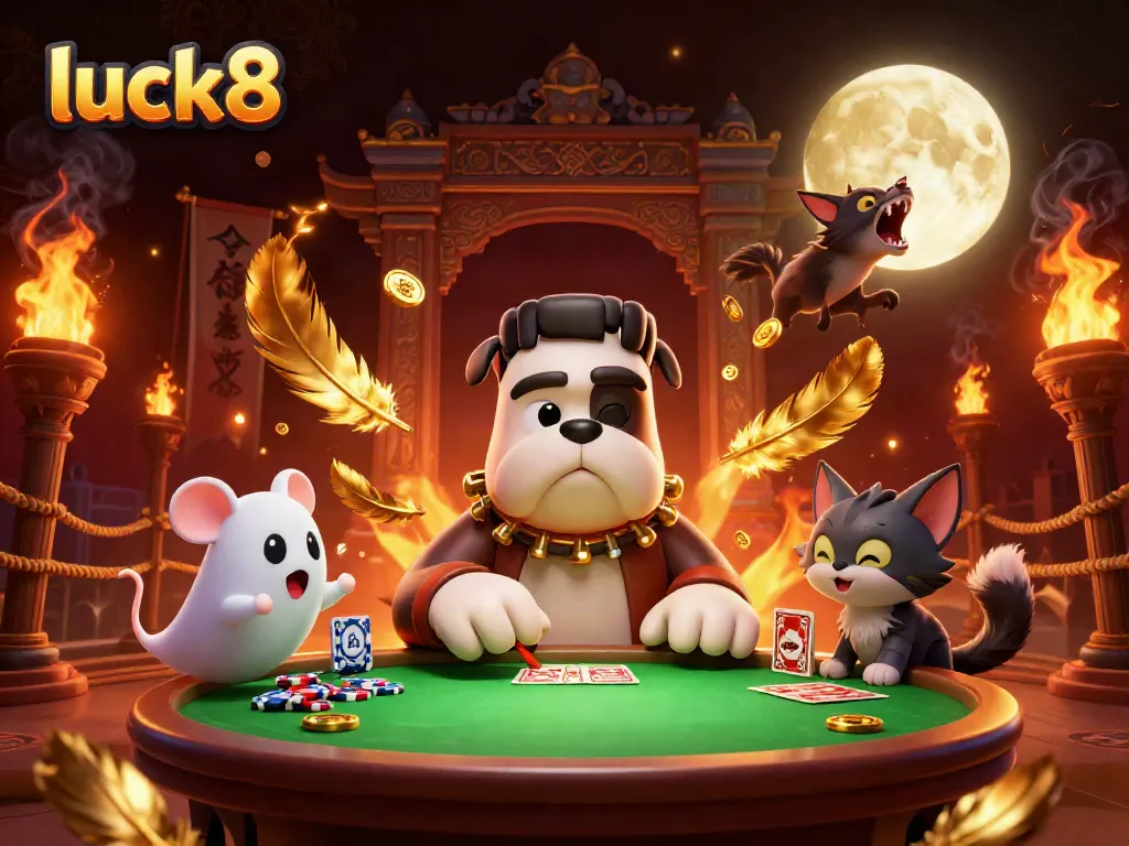 Experience the thrill of luck8 at this spooky casino with a Frankenstein dealer, playful ghost mouse, and golden moon.