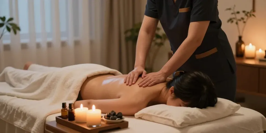 Relaxing 부천출장안마 session in a serene home spa environment with massage therapist.