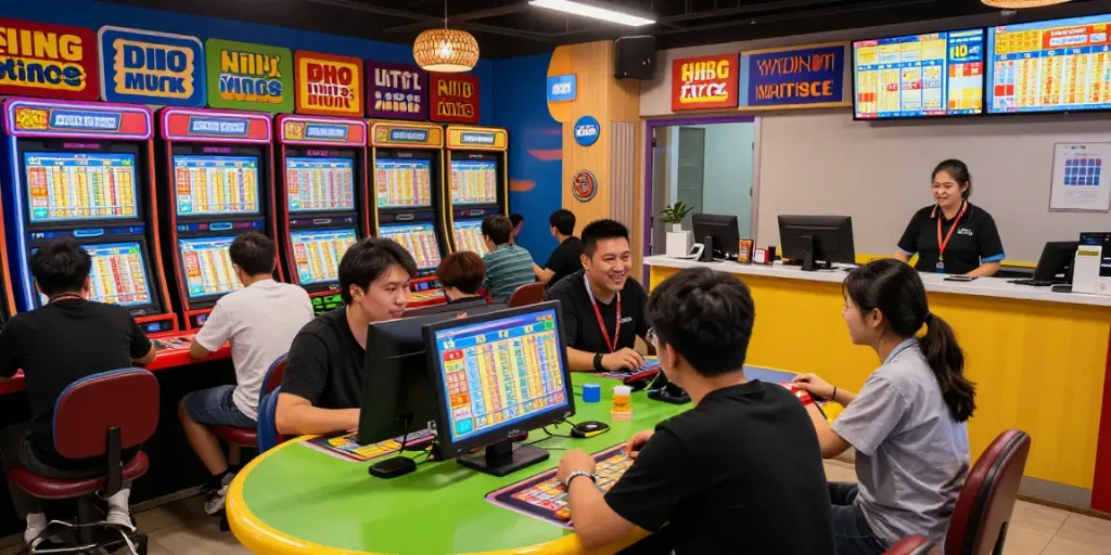 Ratutogel - Pemain antusias di tempat lotere dengan peralatan berwarna-warni dan layar digital.