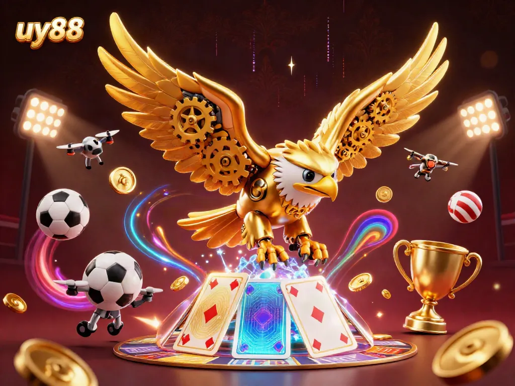 Experience excitement with uy88 in this dynamic 3D casino action scene featuring a cybernetic eagle.