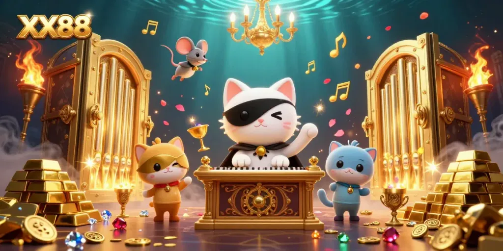 Experience thrilling gameplay at XX88 with a vibrant casino scene featuring jewel-studded treasures and dynamic characters.