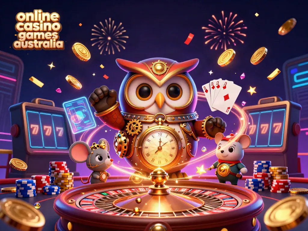 Explore online casino games australia with a vibrant owl and mouse in a rich, dynamic gambling scene.