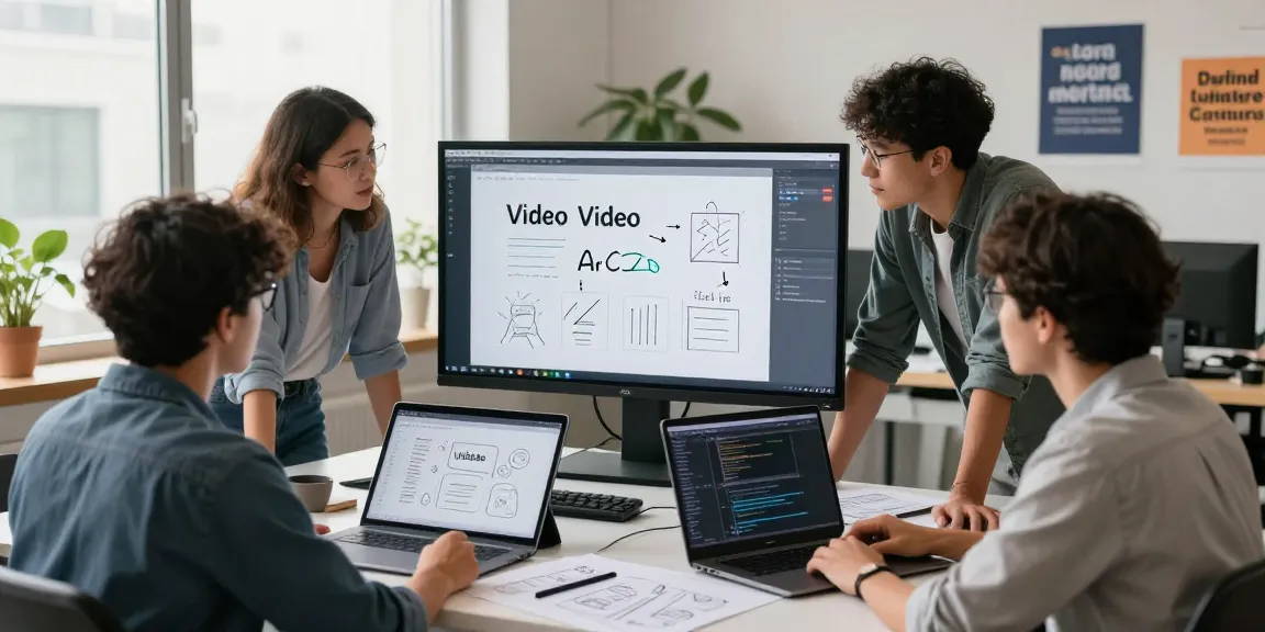 Team collaborating on AI video production using text to video ai technology in a creative workspace.