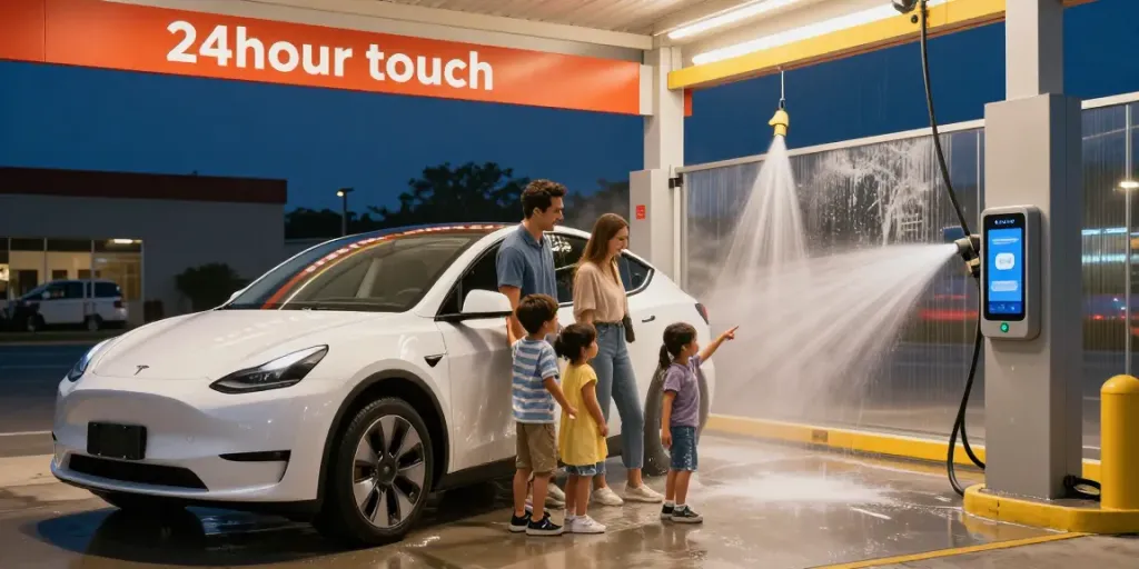 Family enjoying the convenience of a touchless car wash near me fort worth at night, showcasing advanced technology.