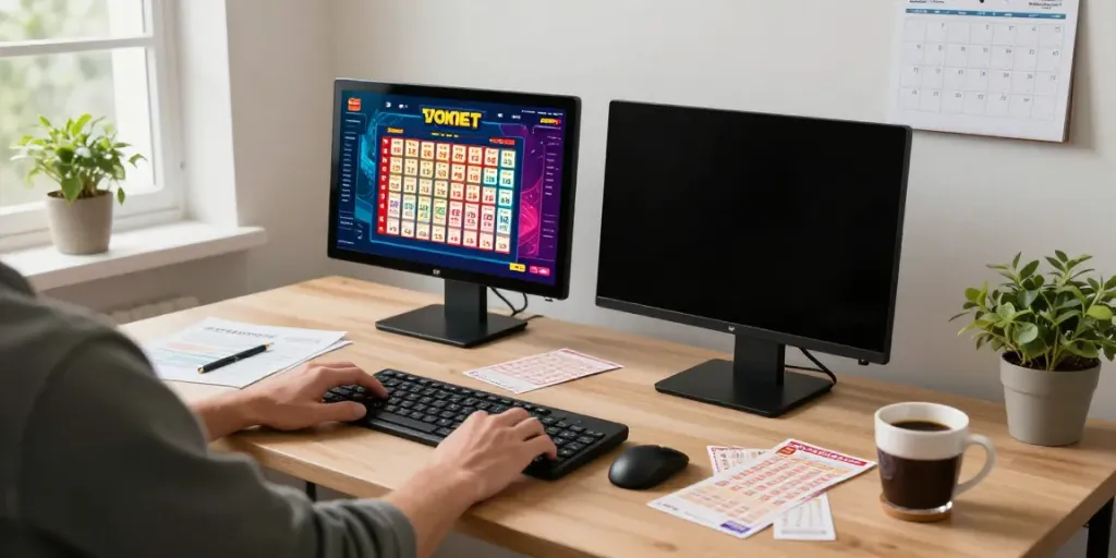 Pengguna Dewatogel sedang bermain togel online di meja modern dengan tiket dan smartphone.