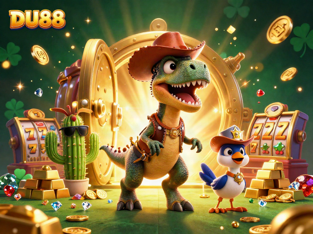 Experience the thrill of DU88 through a vibrant casino adventure featuring slot reels and treasure.