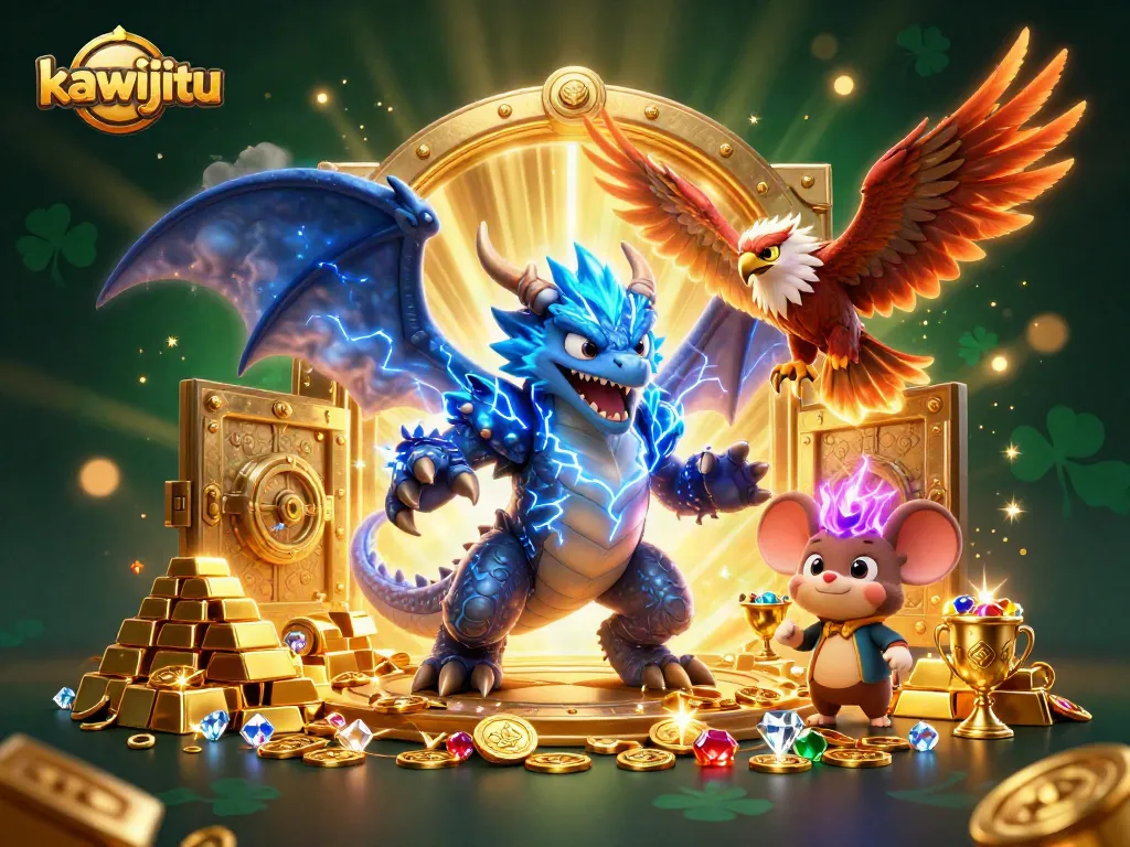 Engage in thrilling action with kawijitu as the powerful dragon, wind hawk, and thunder mouse capture cinematic gaming excitement.