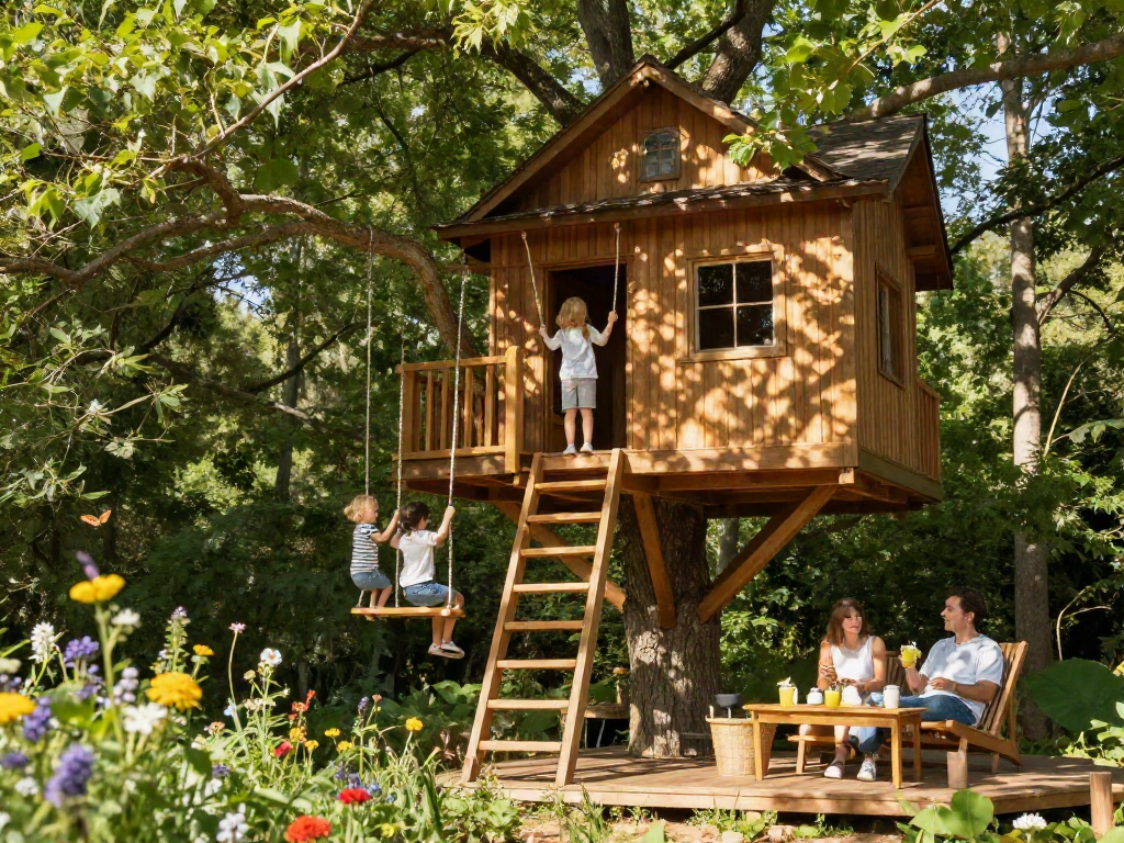 Family enjoying the charm of tree house life in a beautiful forest setting.