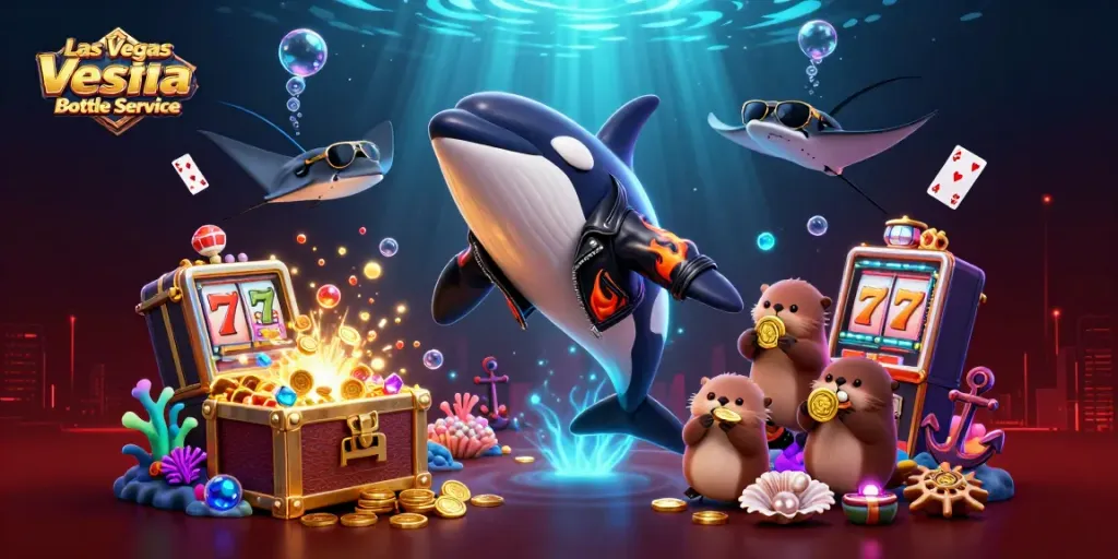Experience Las Vegas Bottle Service with an exciting scene featuring playful sea creatures and dazzling casino elements.