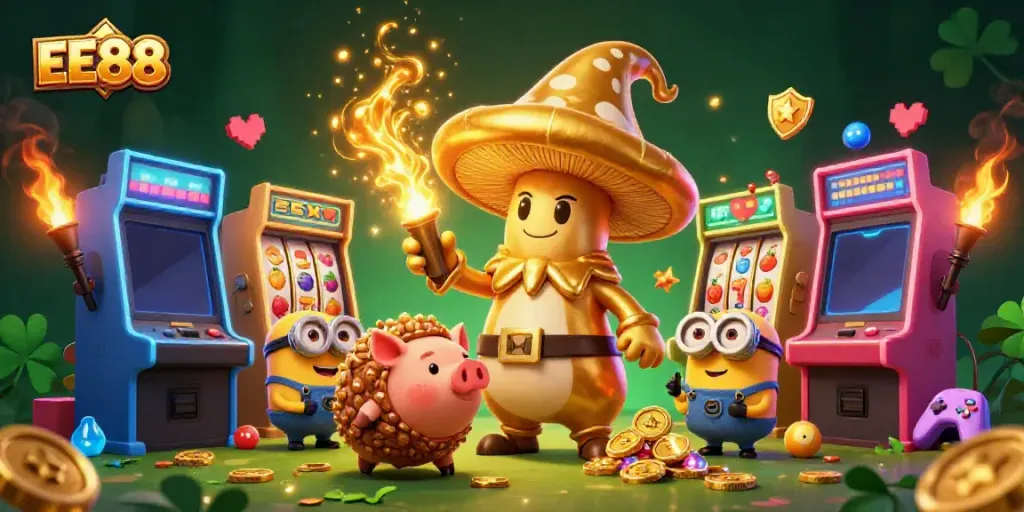 EE88 casino scene with a golden mushroom wizard, pig, and gems, capturing the thrill of gaming