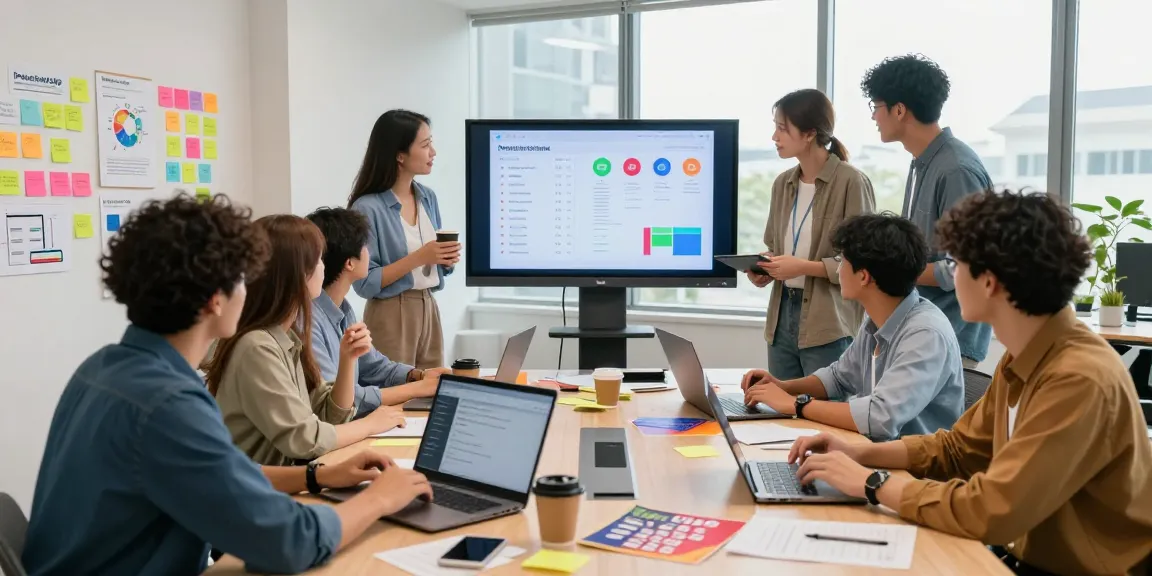Team collaboration scene focused on how to purchase app downloads, showcasing vibrant office atmosphere.