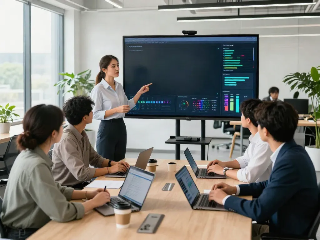 Professionals sharing advice during a strategy meeting in a modern office.