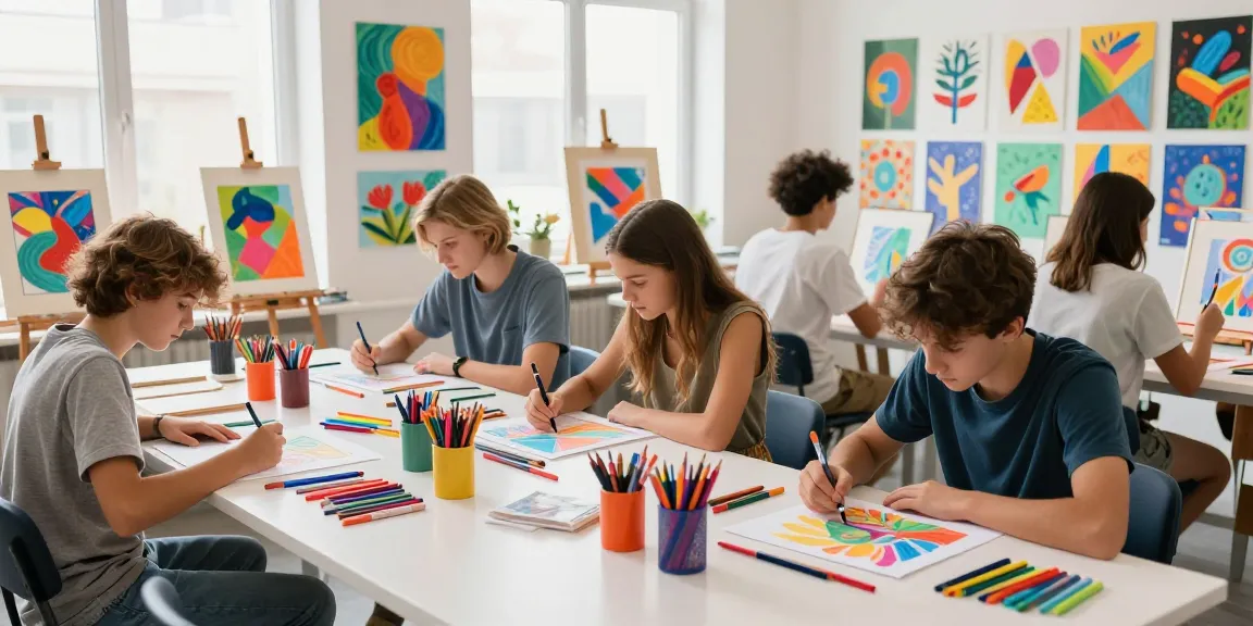 Creative coloring session at freecoloringsheets.net with vibrant art supplies and young artists.