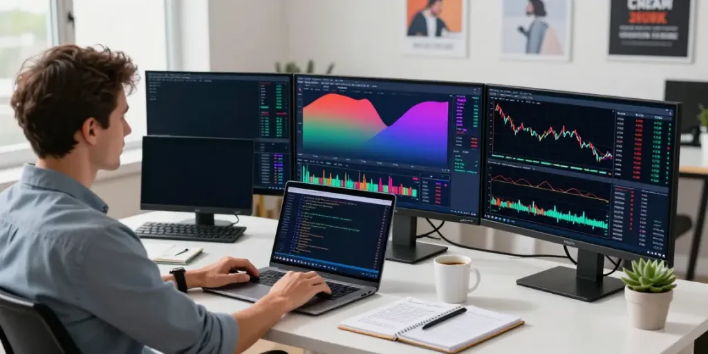 Traders analyzing data on TradingView in a modern workspace.