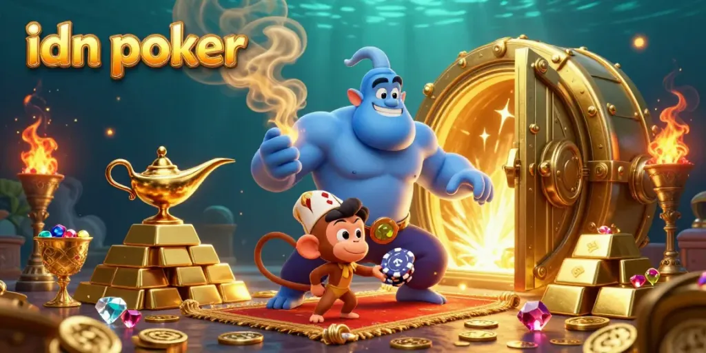 Experience the thrill of idn poker with a dynamic floating poker scene featuring a genie and treasure.