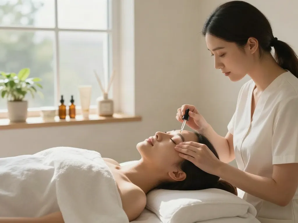 Augenringe entfernen in einem ruhigen Beauty-Raum mit entspannter Klientin und geschulter Kosmetikerin.