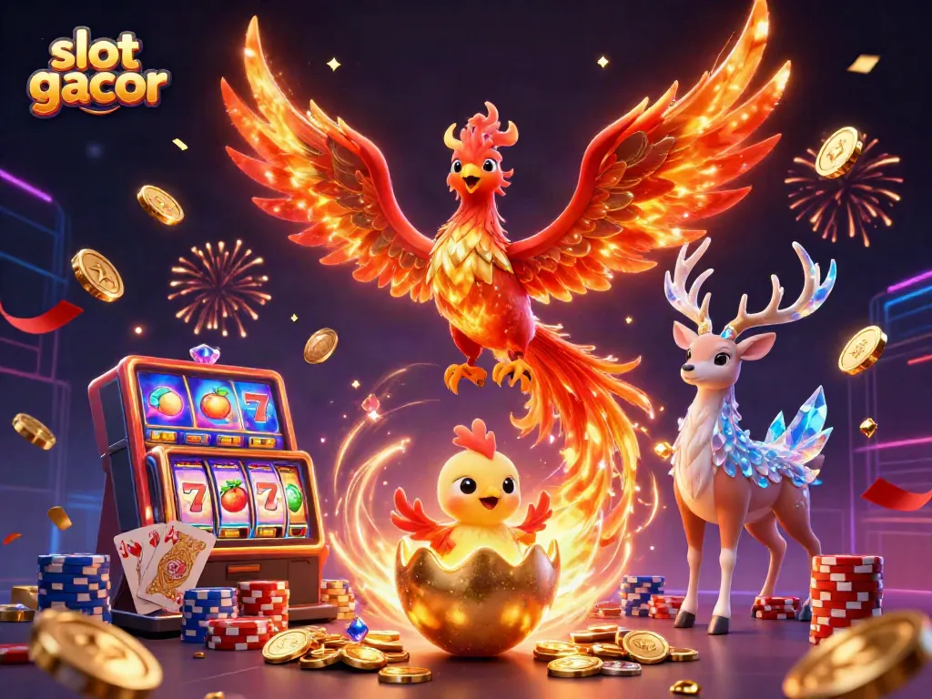 Experience slot gacor excitement with a fire phoenix, vibrant casinos, and winning symbols!
